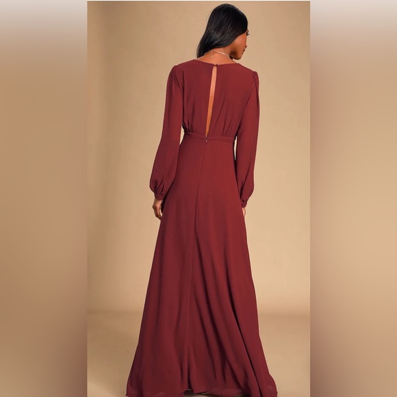 LULUS All My Life Maxi Dress Burgundy Long Sleeve Deep V Plunge Front High Slit - Picture 3 of 16
